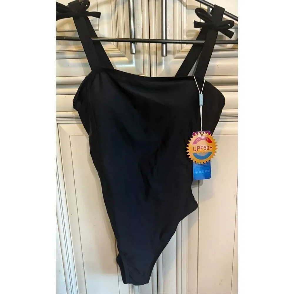 MIENOE Girls UPF 50+ Bow Tie Square Neck One Piece Swimsuit Black Size XL NWT